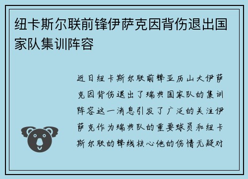 纽卡斯尔联前锋伊萨克因背伤退出国家队集训阵容