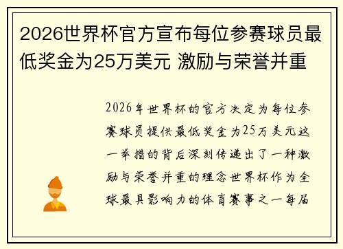 2026世界杯官方宣布每位参赛球员最低奖金为25万美元 激励与荣誉并重 2026世界杯官方宣布每位参赛球员最低奖金为25万美元 激励与荣誉并重